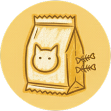 Ikonica na kojoj se vidi kesa i maca nacrtana na kesi, kao i dve riblje kosti. Ovo predstavlja hranu za macke.