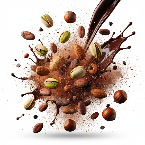 Razni orašasti plodovi i kakao koji pljuska po njima.